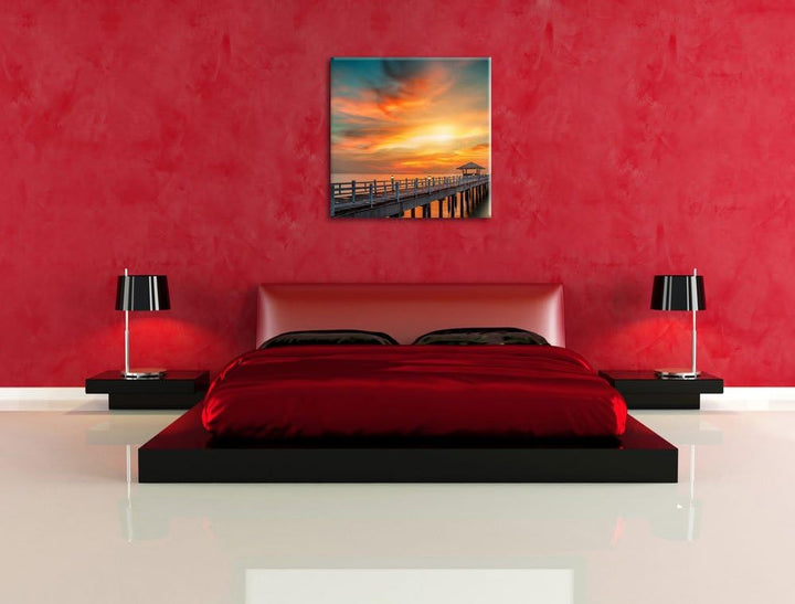 Pixxprint Steg ins Meer bei Sonnenuntergang als Leinwandbild Quadratisch/Grösse: 70x70 / Wandbild/Ku