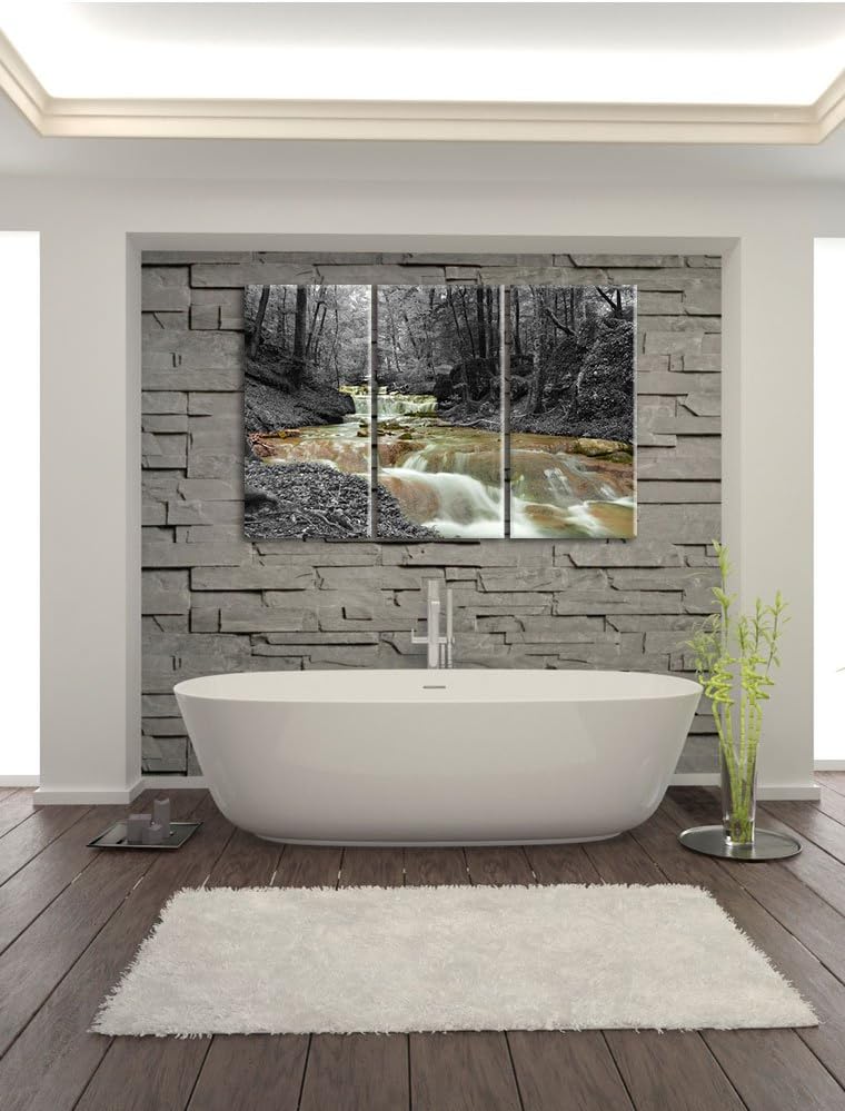 Pixxprint Waldbach im Herbst als Leinwandbild/Grösse: 3 Teilig (120x80) cm/Wandbild/Kunstdruck/ferti