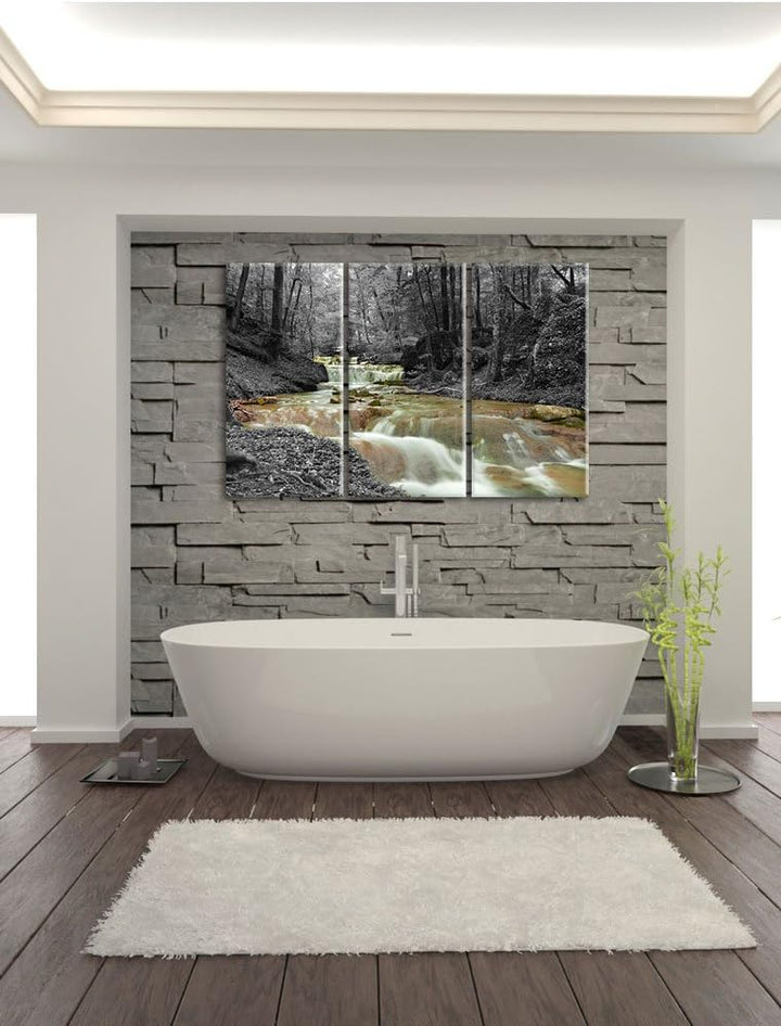Pixxprint Waldbach im Herbst als Leinwandbild/Grösse: 3 Teilig (120x80) cm/Wandbild/Kunstdruck/ferti