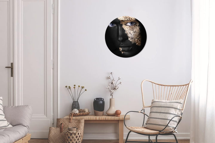 MuchoWow Wandbild Rund Wanddeko Deko Wohnzimmer Bilder 30x30 cm Frau - Gold - Schwarz, 30x30 cm