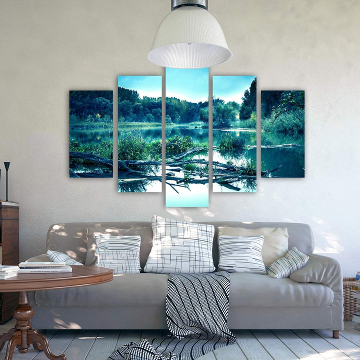 Bilder Natur 200x100 cm - Leinwandbild 5 Teilig XXL Kunstdruck Wald See blau Leinwandbild XXL 200x10