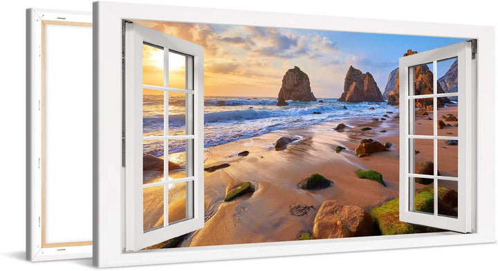 PICANOVA – Bild auf Leinwand Meeresstrand mit Felsen Fenster 100x50cm – Leinwandbild – Premium Leinw