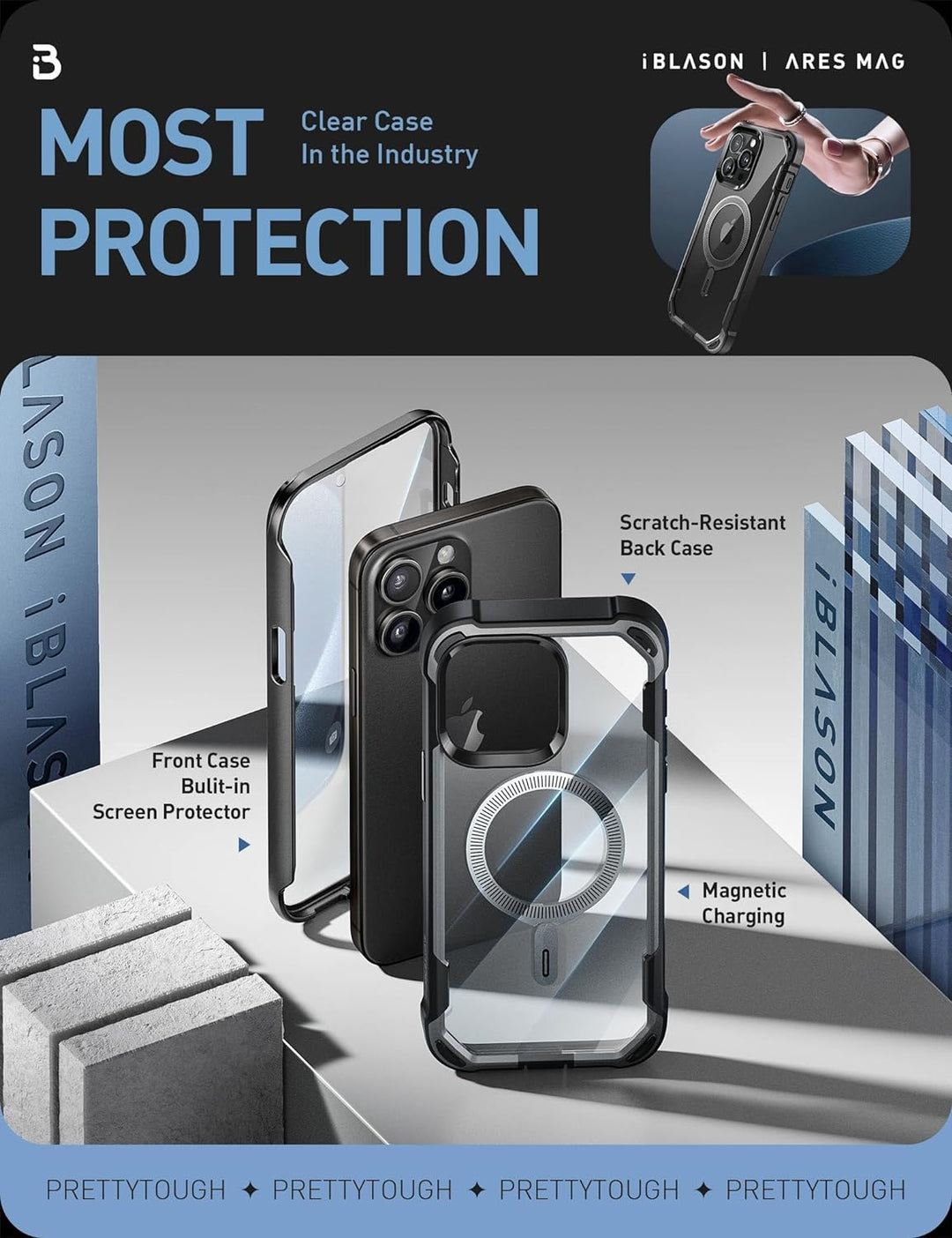 i-Blason Ares Mag Hülle für iPhone 15 Pro Max (6.7") 2023, Kompatibel mit MagSafe, Bumper Case Trans