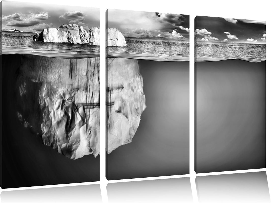 Pixxprint Monocrome, Riesiger Eisberg unter Wasser 3-Teiler Leinwandbild 120x80 Bild auf Leinwand
