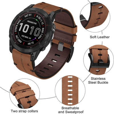 Leder Armband für Garmin Fenix 7, 22mm Echte Leder Ersatzarmband Quick-Fit Uhrenarmband für Fenix 6,