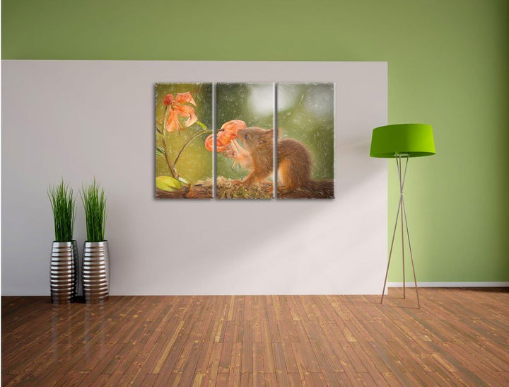 Pixxprint Eichhörnchen riecht an Einer Blume / 3-Teilig/Gesamtmass 120cm Leinwandbild bespannt auf H