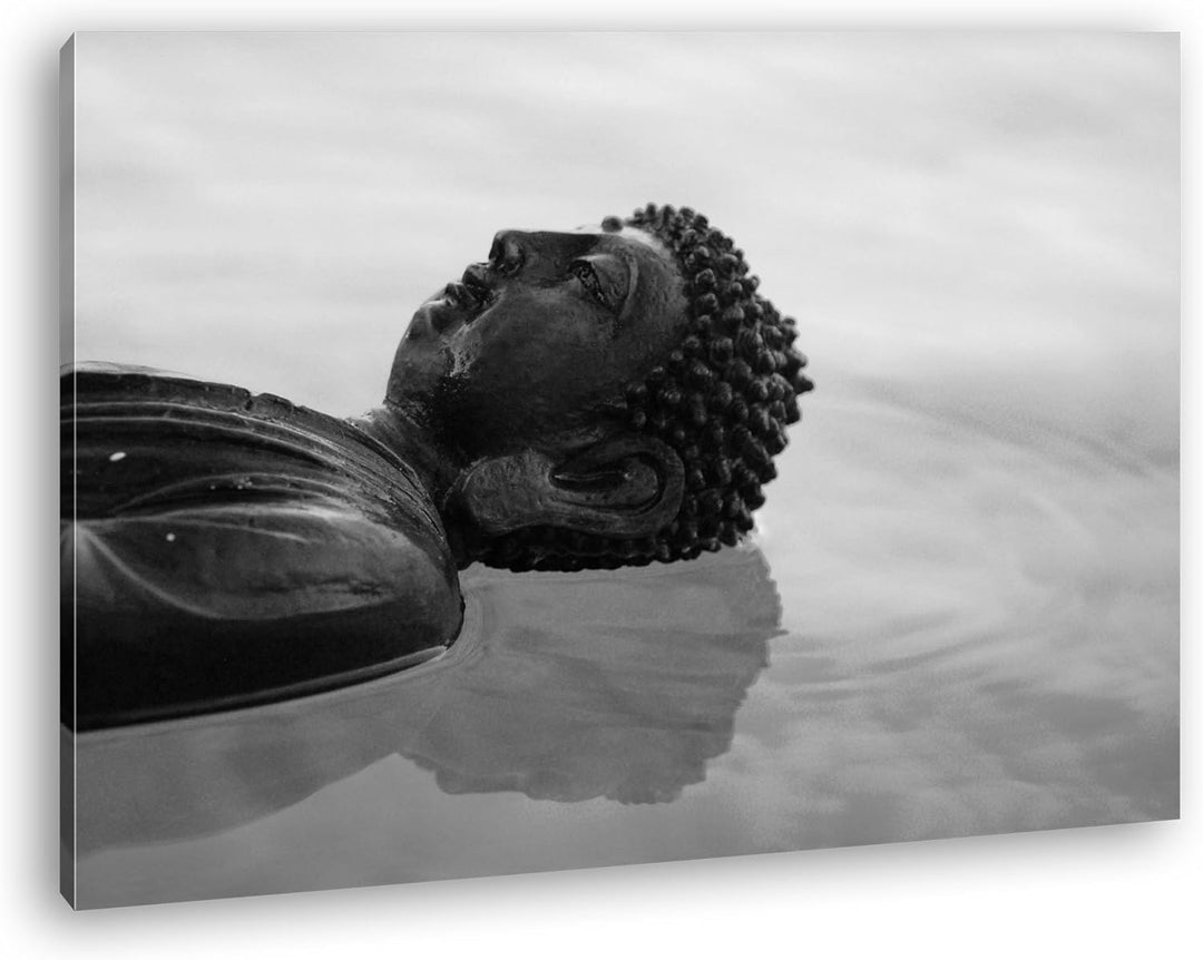 deyoli Buddha Statue am Wasser Effekt: Schwarz/Weiss im Format: 80x60 als Leinwandbild, Motiv fertig