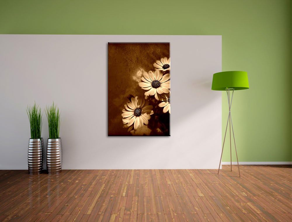 Pixxprint kleine Margareten an Hauswand auf Leinwand, XXL riesige Bilder fertig gerahmt mit Keilrahm