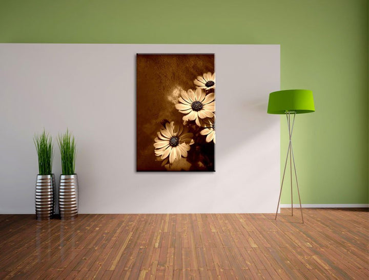 Pixxprint kleine Margareten an Hauswand auf Leinwand, XXL riesige Bilder fertig gerahmt mit Keilrahm