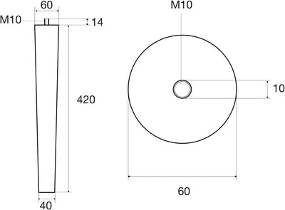 4er Set Tischbeine Eiche roh H 420 mm/Ø 60/40 mm mit Gewindestift M10 / Ideal für Möbel & Couch-Tisc