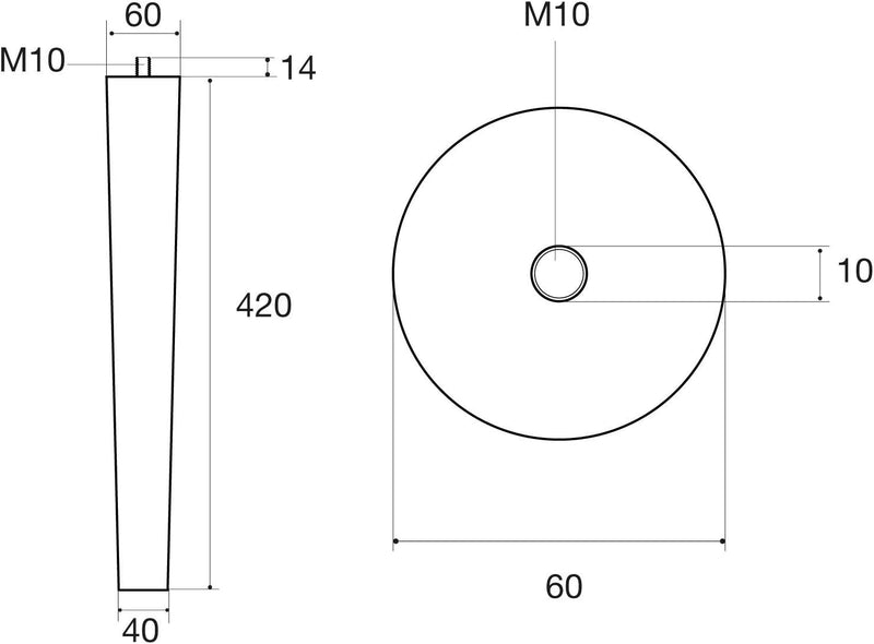 4er Set Tischbeine Eiche roh H 420 mm/Ø 60/40 mm mit Gewindestift M10 / Ideal für Möbel & Couch-Tisc