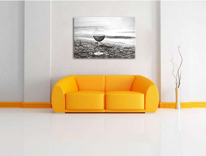 Pixxprint Weinglas am Steinstrand Kohle Zeichnung Effekt, Format: 100x70 auf Leinwand, 100x70