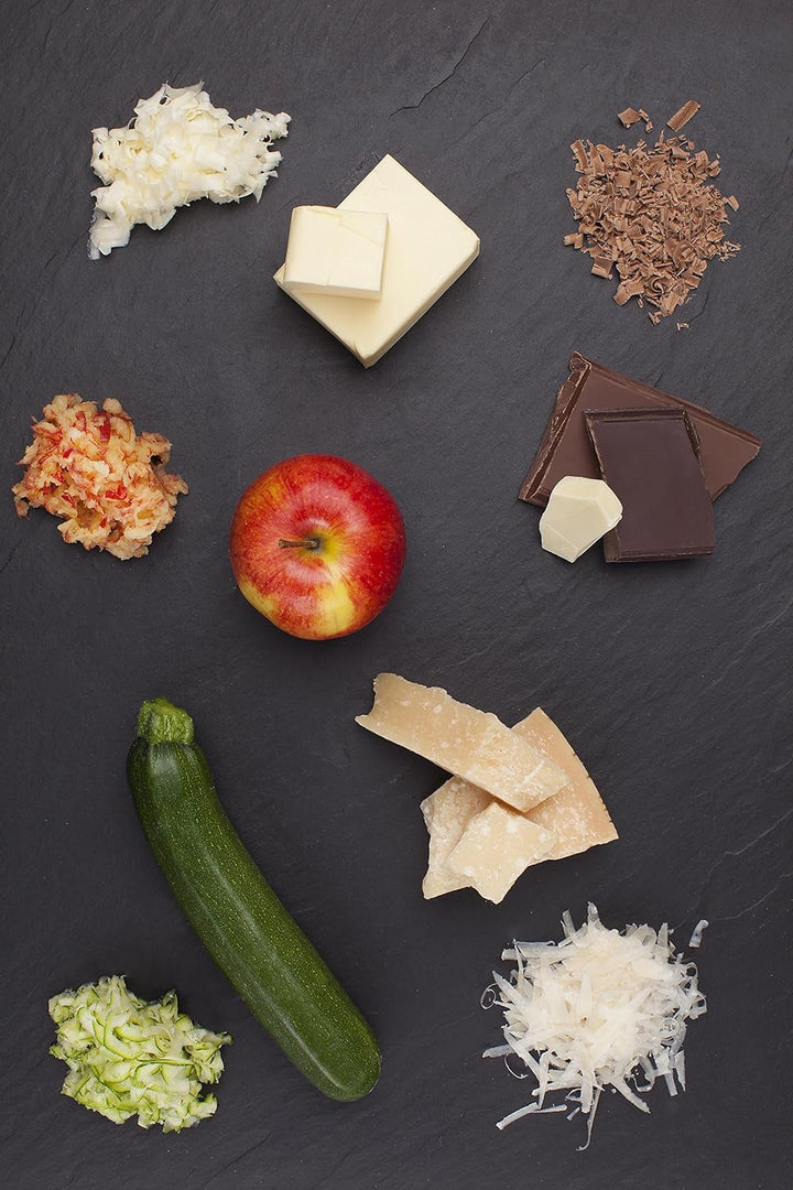 Microplane 2-Wege-Schneide Küchenreibe für Hartkäse, Apfel, Karotte, Zucchini und Schokolade mit ras