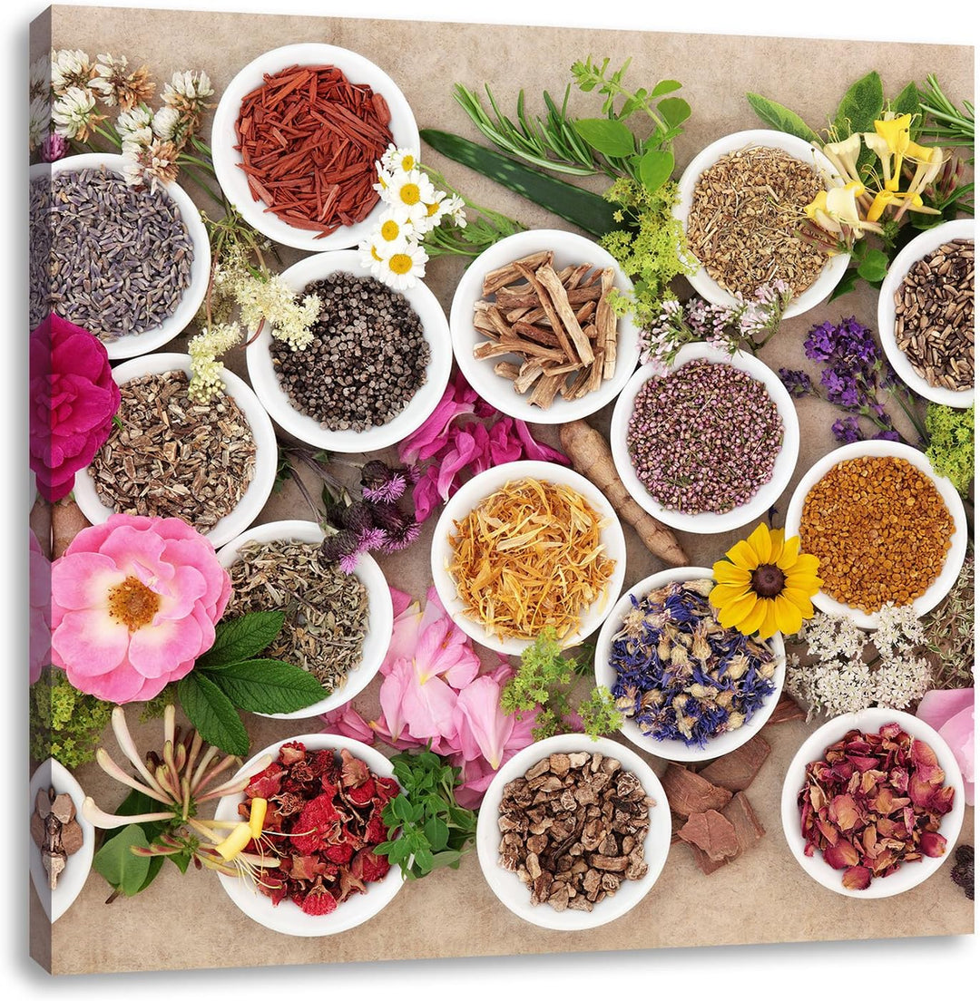 Pixxprint Heilende Kräuter und Blumen als Leinwandbild/Grösse: 70x70 cm/Wandbild/Kunstdruck/fertig b