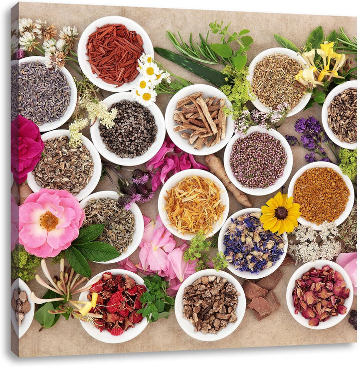 Pixxprint Heilende Kräuter und Blumen als Leinwandbild/Grösse: 70x70 cm/Wandbild/Kunstdruck/fertig b