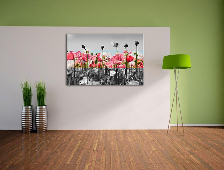 Blumenwiese Mohnblumen schwarz/weiss Format: 100x70 auf Leinwand, XXL riesige Bilder fertig gerahmt