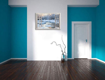 Pixxprint Bach in Winterlandschaft, Fenster Leinwandbild | Grösse: 100x70 cm | Wandbild | Kunstdruck
