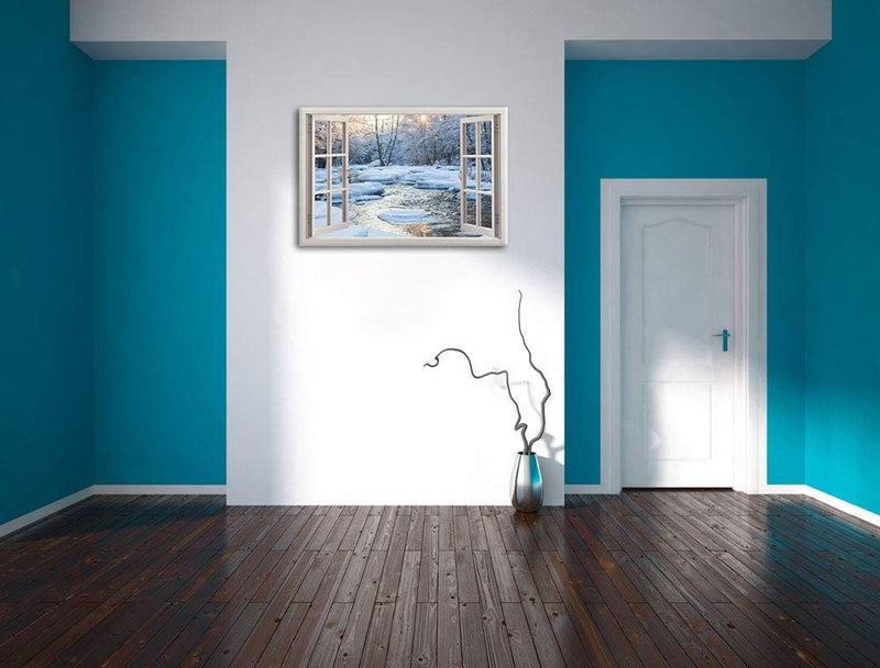 Pixxprint Bach in Winterlandschaft, Fenster Leinwandbild | Grösse: 100x70 cm | Wandbild | Kunstdruck