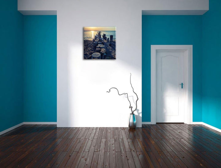 Baumstümpfe am Meer, Format: 70x70 auf Leinwand, XXL riesige Bilder fertig gerahmt mit Keilrahmen, K