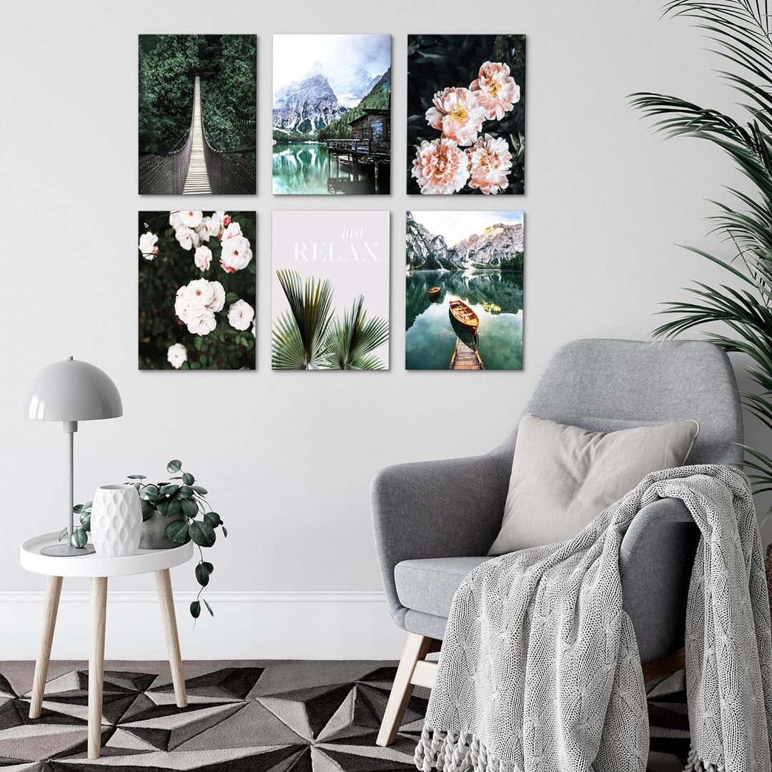 Novart Set Wandbilder - KEIN EXTRA RAMEN BENÖTIGT - Wohnzimmer Schlafzimmer - Bilder Modern See Berg