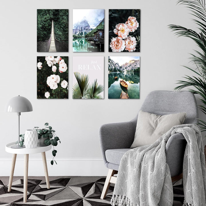 Novart Set Wandbilder - KEIN EXTRA RAMEN BENÖTIGT - Wohnzimmer Schlafzimmer - Bilder Modern See Berg