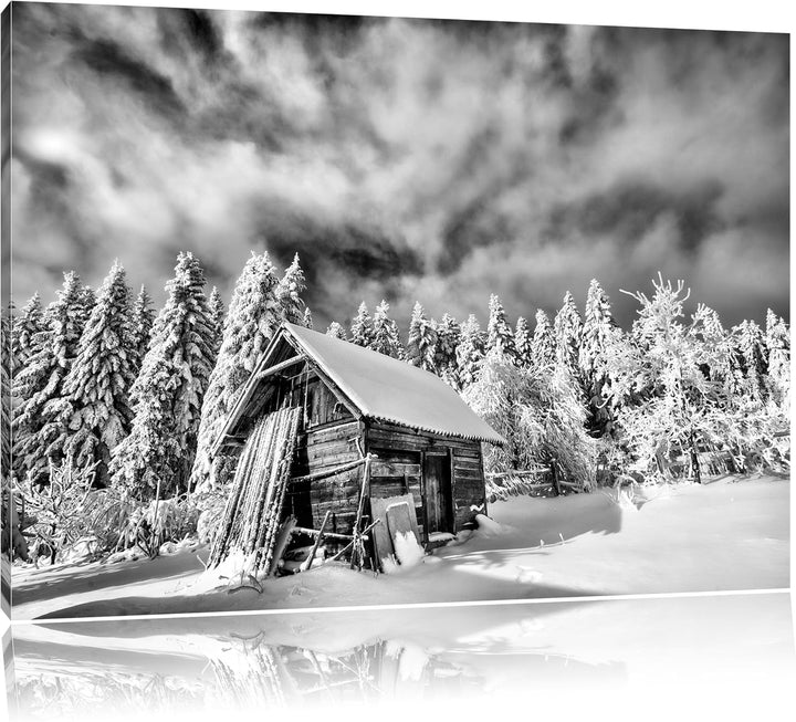 Pixxprint Holzhütte im Schnee / 100x70cm Leinwandbild bespannt auf Holzrahmen/Wandbild Kunstdruck De