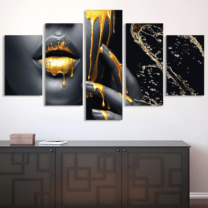 Sexy Lippen Leinwandbild 5 Teilig Wanddeko Bilder,Schwarz Gold Frauen Lippen Leinwand Malerei,Modern