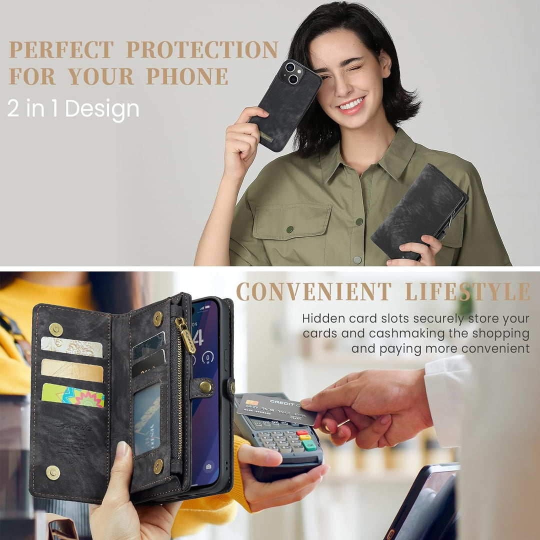 UFinetech für iPhone 15 Plus Hülle, Flip Leder TPU Stossfest Kartenfach Tasche Handyhülle für iPhone