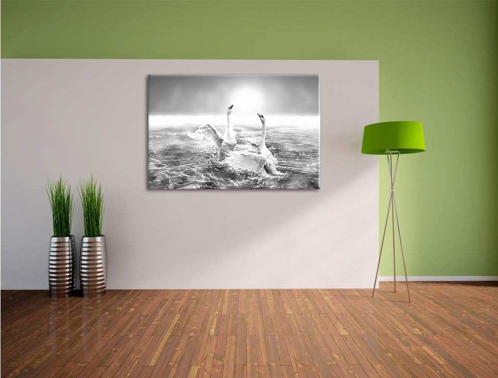 Pixxprint anmutige Schwäne Spritzen in den Wellen des Meeres Kunst B&W, Format: 100x70 auf Leinwand,