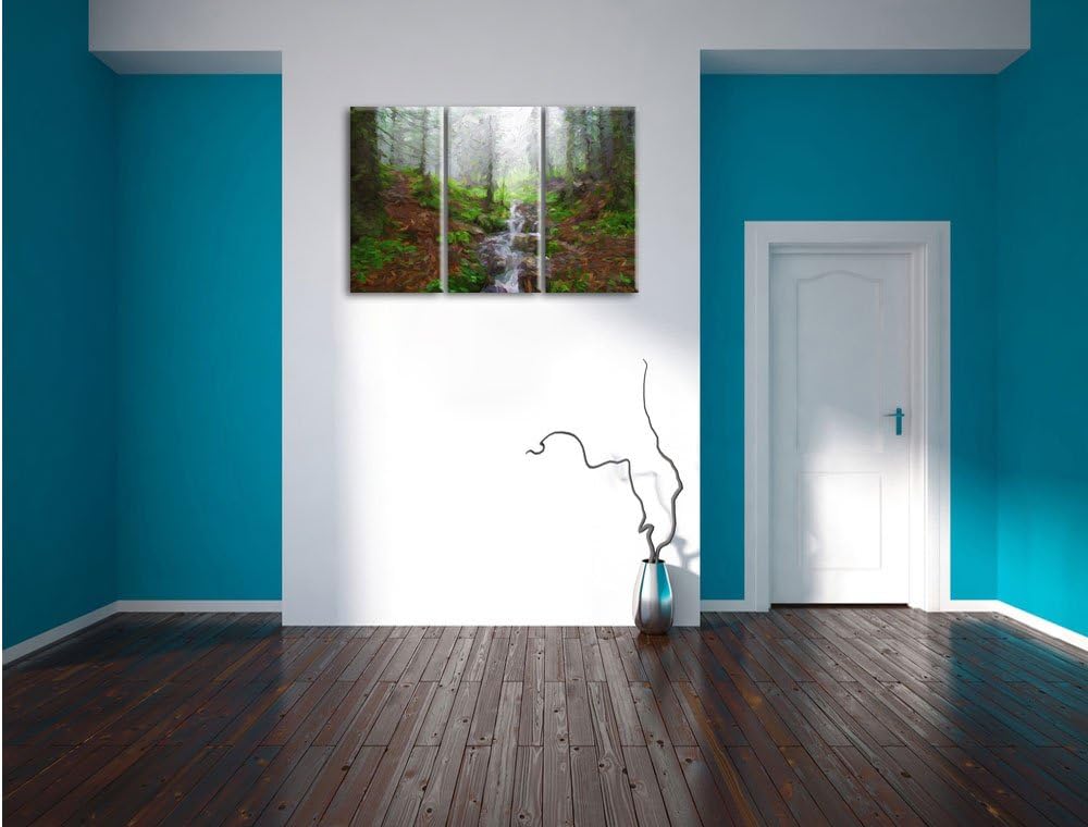 Pixxprint Bach im Wald Kunst Pinsel Effekt 3-Teiler Leinwandbild 120x80 Bild auf Leinwand