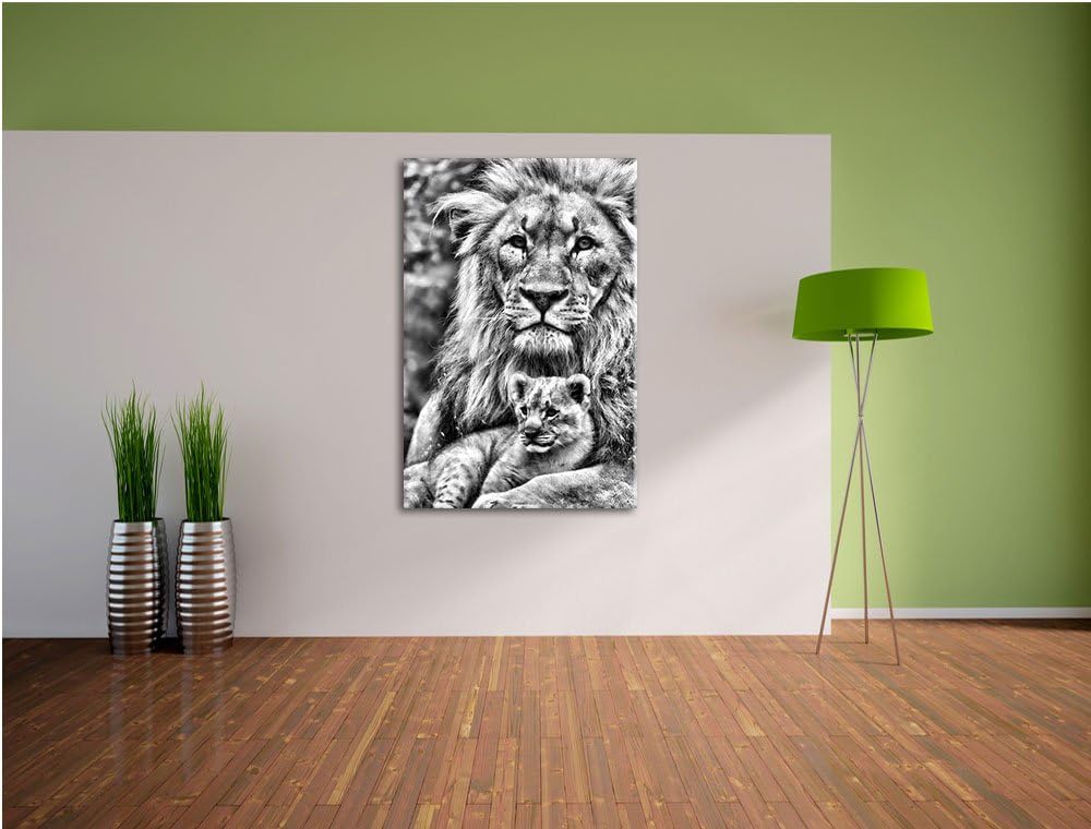 Pixxprint Löwe kuschelt mit Jungtier/Format: 100x70cm / Leinwandbild fertig bespannt Wandbild Kunstd
