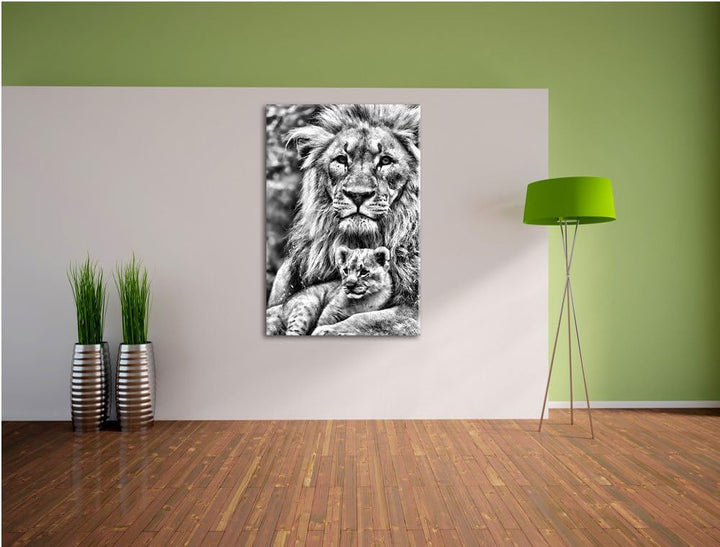 Pixxprint Löwe kuschelt mit Jungtier/Format: 100x70cm / Leinwandbild fertig bespannt Wandbild Kunstd