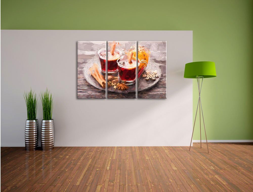 Pixxprint Aromatischer Glühwein mit Zimt Pinsel Effekt 3-Teiler Leinwandbild 120x80 Bild auf Leinwan