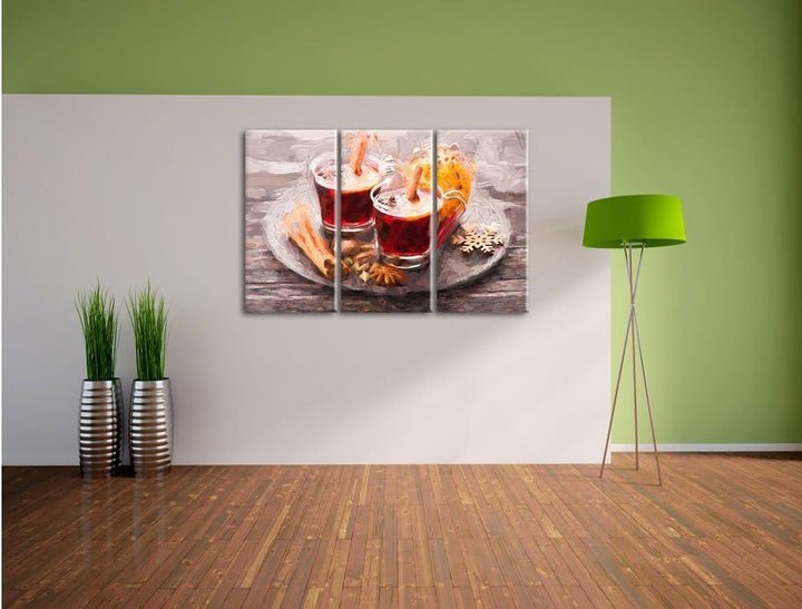 Pixxprint Aromatischer Glühwein mit Zimt Pinsel Effekt 3-Teiler Leinwandbild 120x80 Bild auf Leinwan