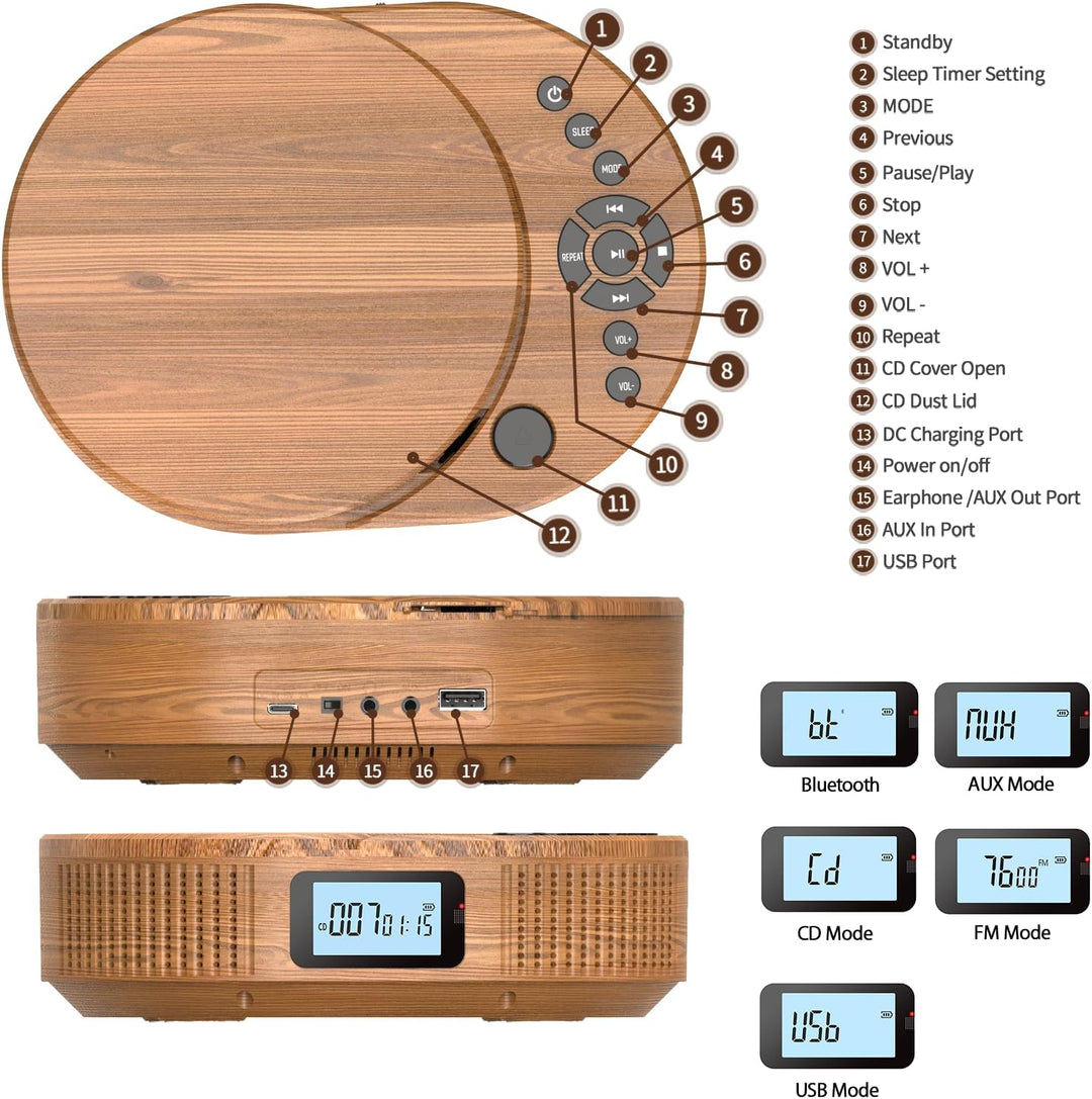 Desobry CD Player tragbar Kinder klein mit Bluetooth discman Kinder Lautsprecher Radio Boombox-CD-Pl