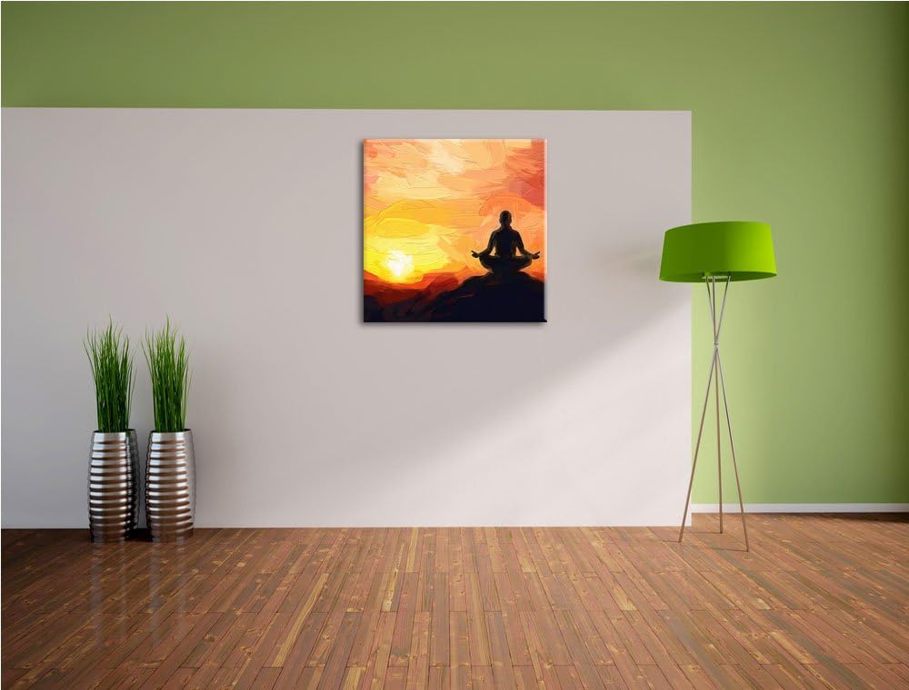 Pixxprint meditierender Mönch im Sonnenuntergang, Format: 70x70 auf Leinwand, 70x70