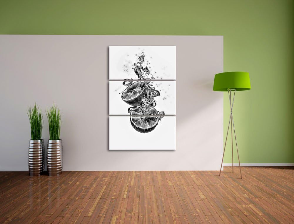 Pixxprint Limette fällt in das Wasser als Leinwandbild/Grösse: 3 Teilig (120x80) cm/Wandbild/Kunstdr