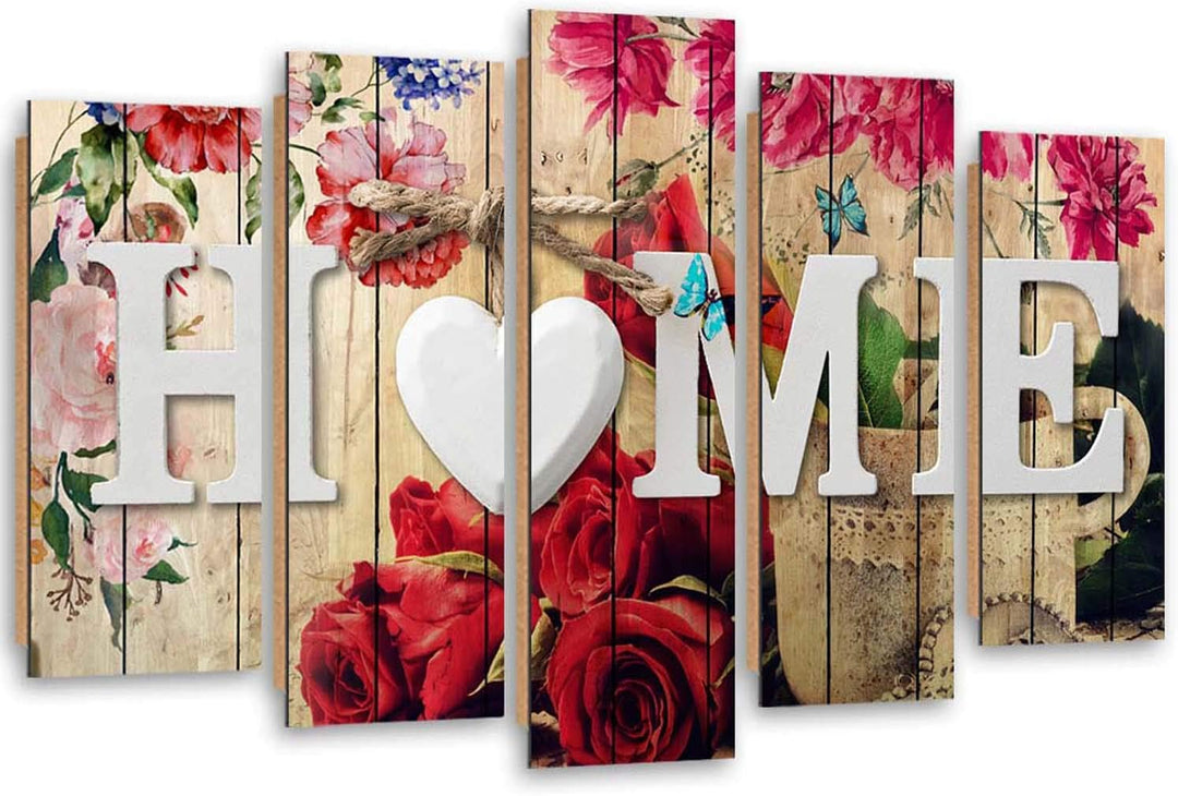 Wanddeko 5 Paneele Home 100x70 cm Deko Wand Kunst Wanddekoration Herz Schmetterlinge Blumen Rot Deko