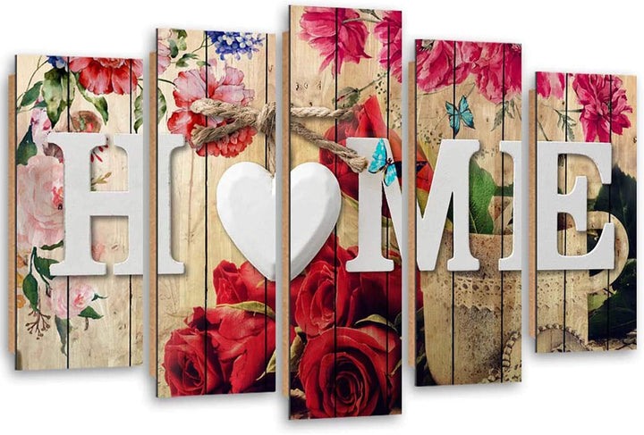 Wanddeko 5 Paneele Home 100x70 cm Deko Wand Kunst Wanddekoration Herz Schmetterlinge Blumen Rot Deko