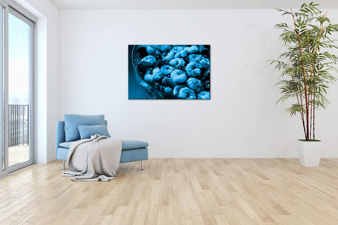 deyoli Garnelen Salat Format 80x60 Effekt: Monocrome Blau als Leinwandbild, Motiv fertig gerahmt auf