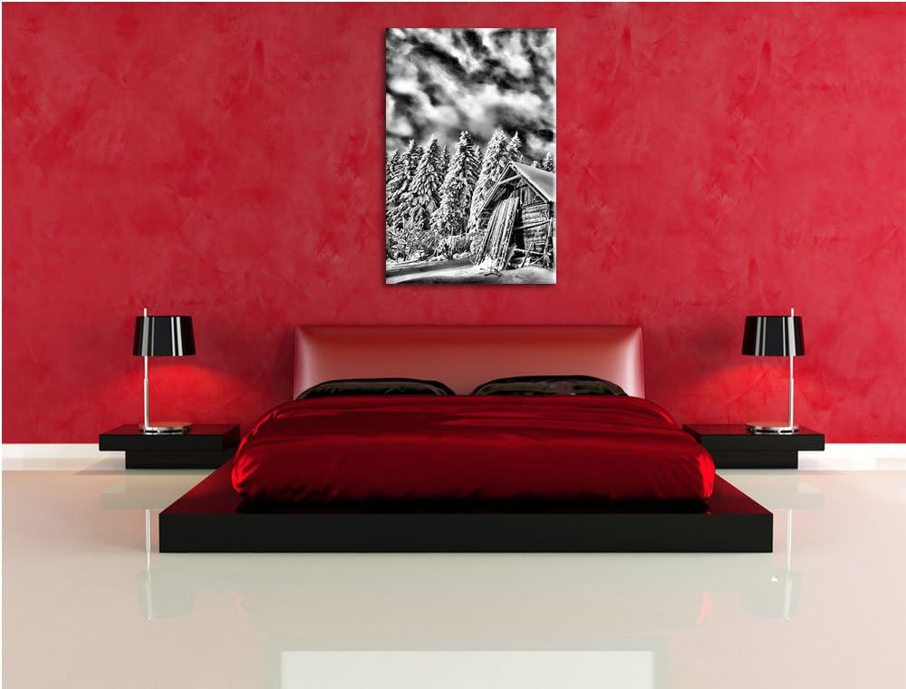 Pixxprint Holzhütte im Schnee / 100x70cm Leinwandbild bespannt auf Holzrahmen/Wandbild Kunstdruck De