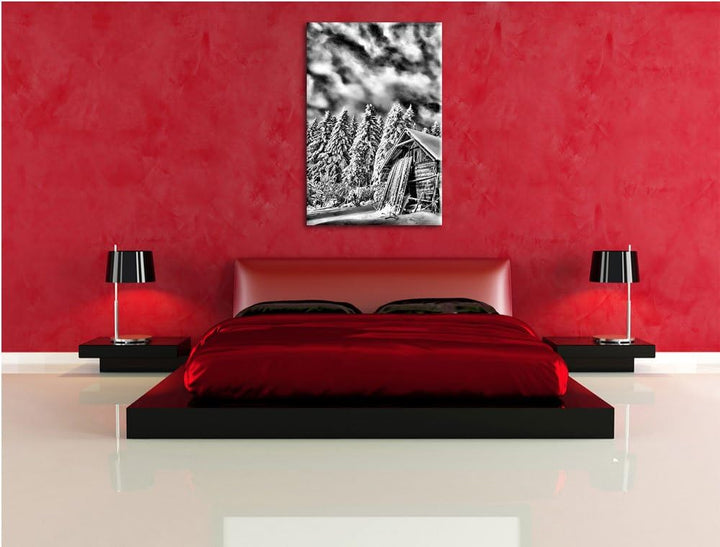 Pixxprint Holzhütte im Schnee / 100x70cm Leinwandbild bespannt auf Holzrahmen/Wandbild Kunstdruck De