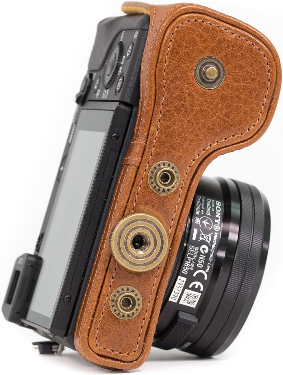 MegaGear MG560 Leder Kameratasche für Spiegelreflexkamera Sony Alpha A6000 mit 16-50mm Objektiv (Hel