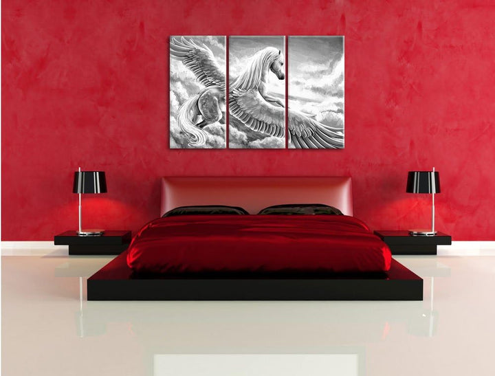 Pixxprint Pegasus fliegt über den Wolken Kunst B&W 3-Teiler Leinwandbild 120x80 Bild auf Leinwand