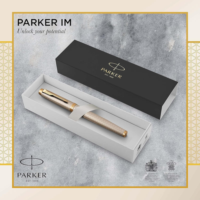 Parker IM Füller Premium Warm Silver Füllfederhalter mit feiner Feder blaue Tinte Geschenkbox