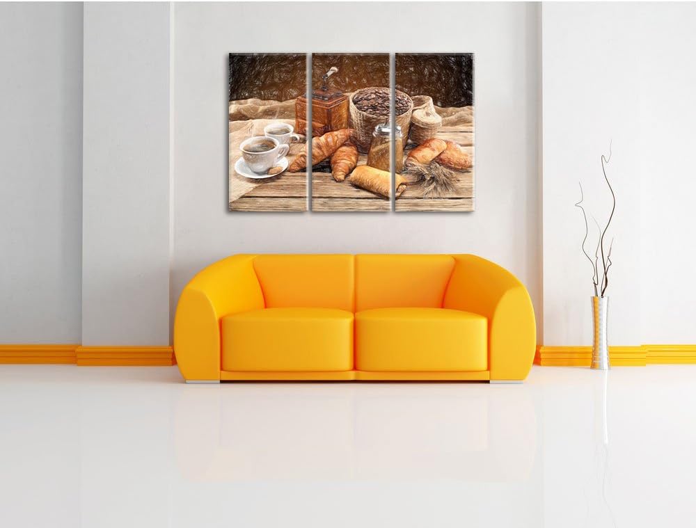 Pixxprint Aromatischer Kaffee mit Croissant Bunstift Effekt 3-Teiler Leinwandbild 120x80 Bild auf Le