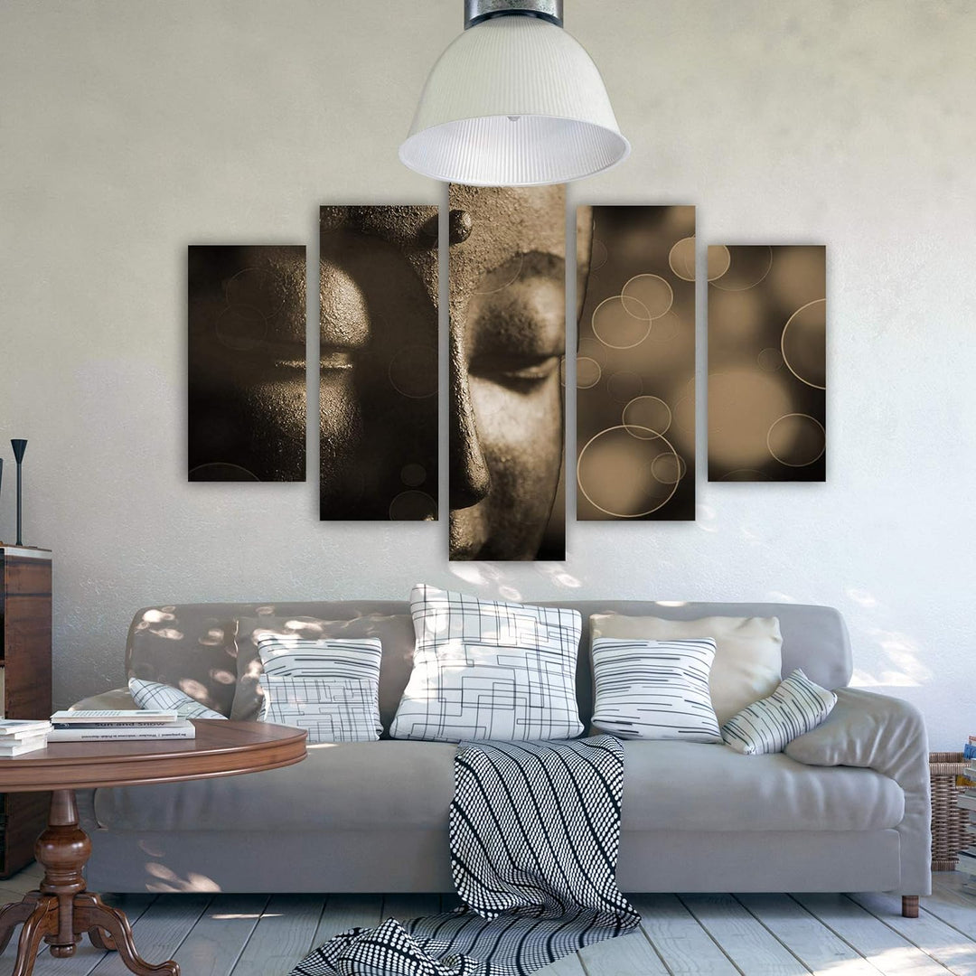 Feeby Bild auf Leinwand Buddha 5 Teilig Modern Abstrakt Zen Meditation Sepia 150x100 cm Leinwandbild