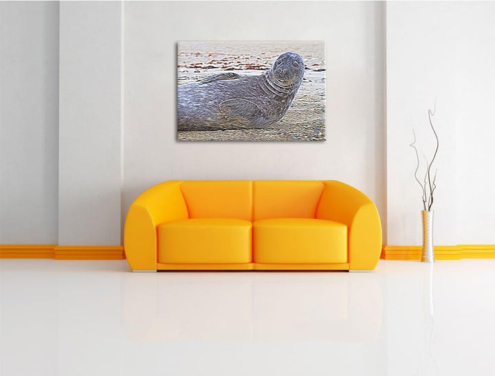 dunkle Robbe entspannt an Kiesstrand Spezial Format: 100x70 cm auf Leinwand, XXL riesige Bilder fert