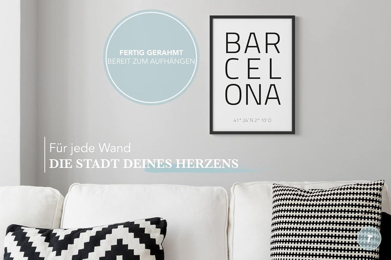 Papierschmiede® Geo Poster Koordinaten Barcelona, A3 Gerahmt im Holzrahmen (schwarz), Stadt Bild als