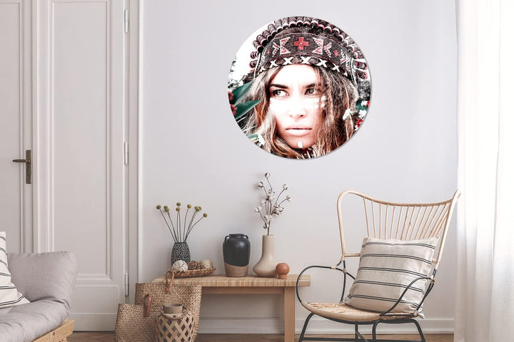 MuchoWow Wandbild Rund Wanddeko Deko Wohnzimmer Bilder 90x90 cm Frau - Blumen - Indischer Kopfschmuc